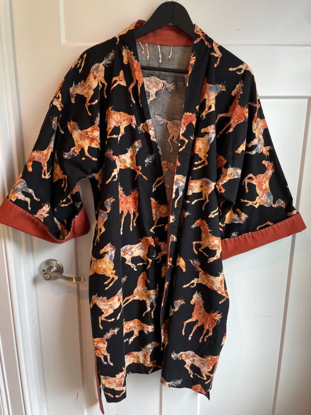 Wild Horses Short Robe Jacket Kimono 100% Cotton Boho Copper Reversible Cuffs OS - Picture 5 of 15